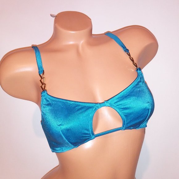 Victoria Secret Swim Bikini Top l Blue Solid Shimmer Cutout Gold Chain New - Picture 2 of 8